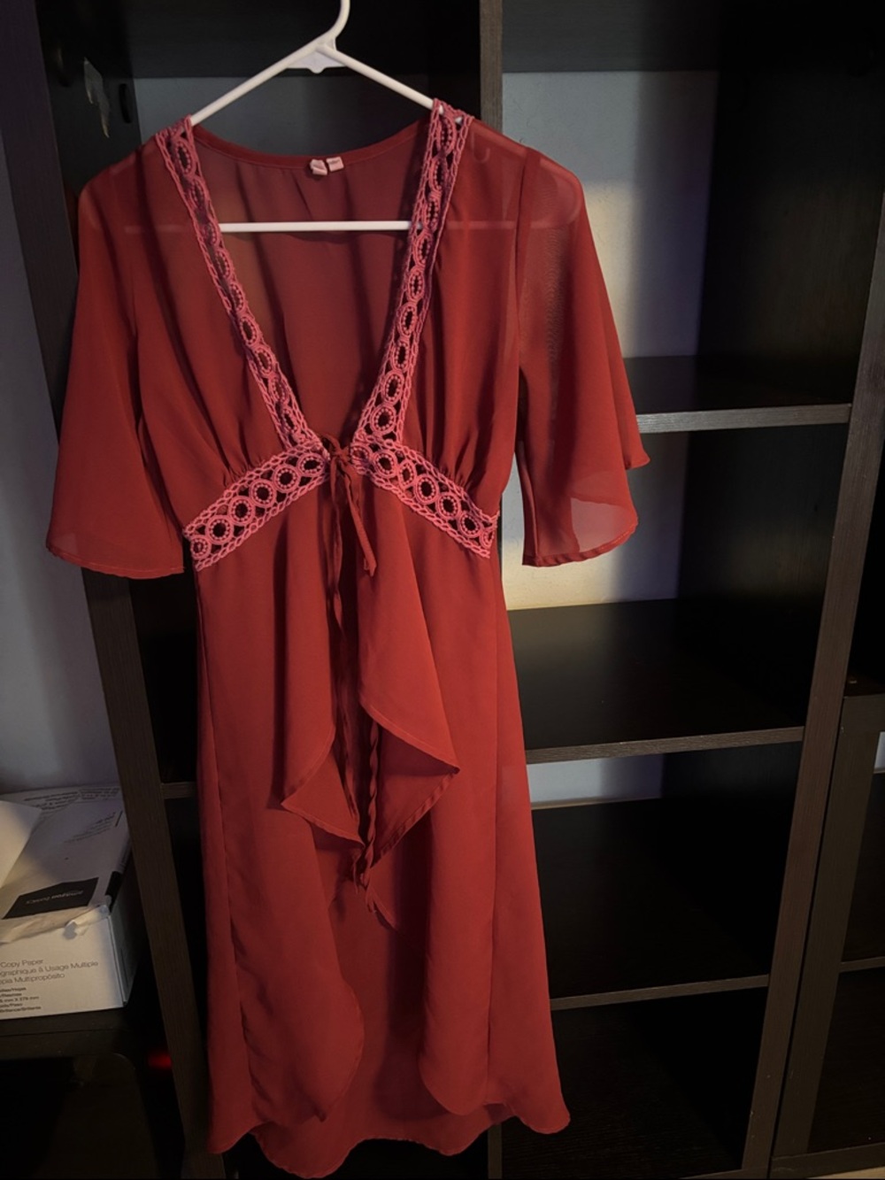 Boho Lace Trim Midi Dress in Deep Red